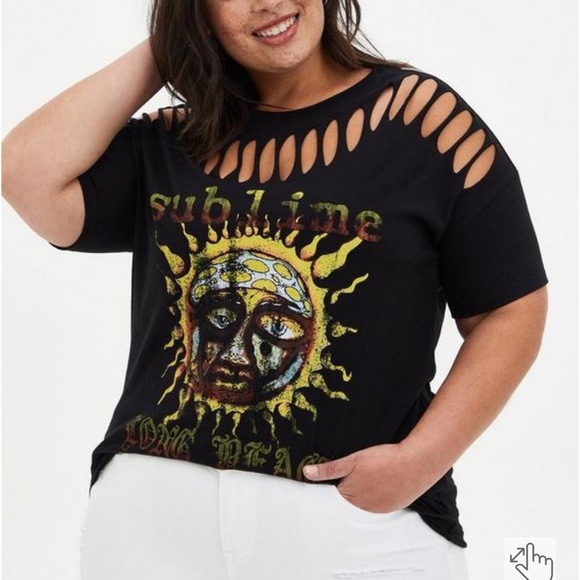 Torrid Sublime Long Beach Sun Black Slashed Tee - Picture 6 of 11